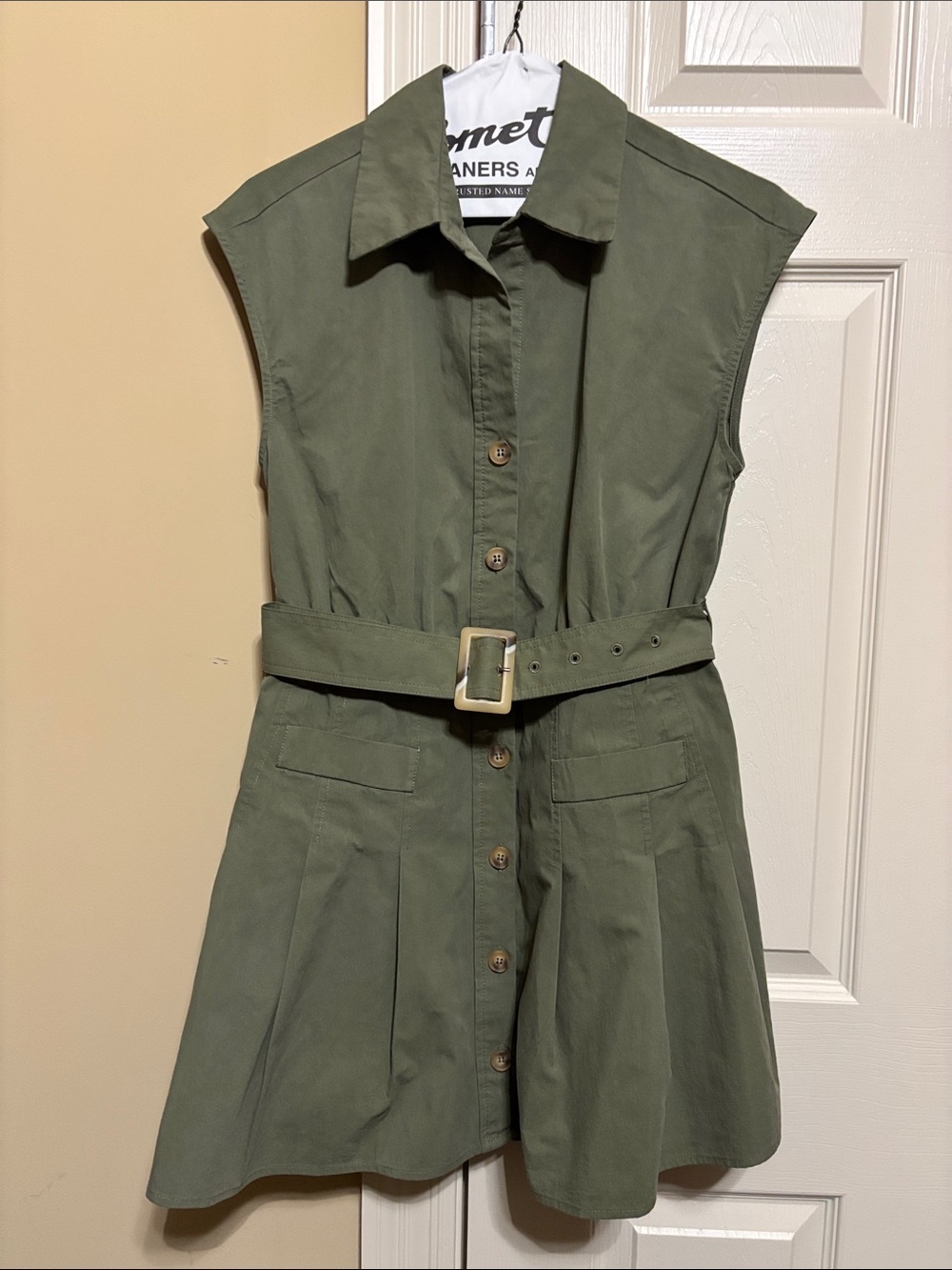 Olivaceous Sleeveless Button-Front Belted Dress in Olive